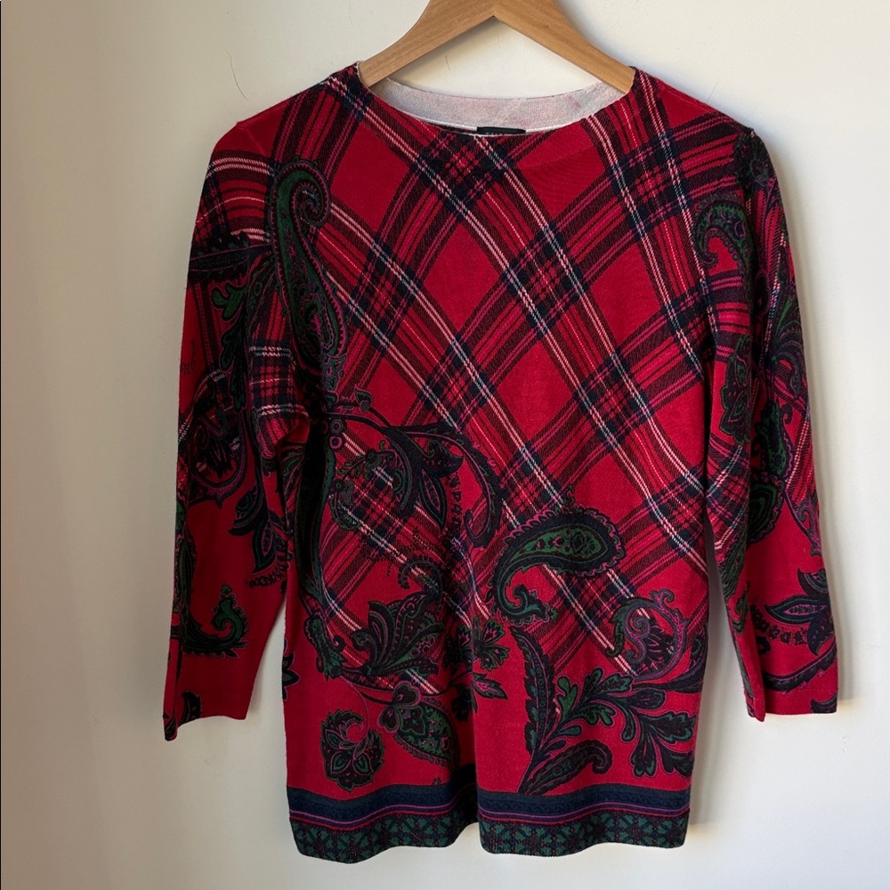 Talbots Paisley Plaid Merino Wool Crewneck Sweater Soft Holiday Christmas Size L